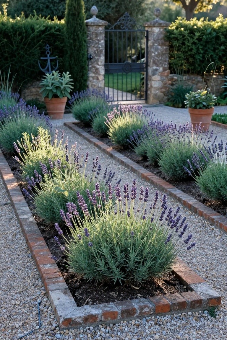 Gravel pathway lined by raised red brick beds planted with blooming lavender, leading toward a wrought iron gate between stone pillars and hedges.