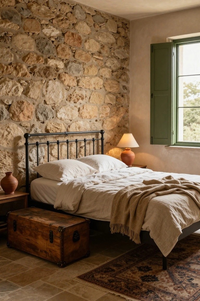 Bedroom interior with light beige exposed stone walls, black wrought iron bed frame with white linen sheets and pillows plus beige throw, wooden side table and trunk with terracotta pots, Persian-style rug on terracotta tile floor, and open green shuttered window letting in light.