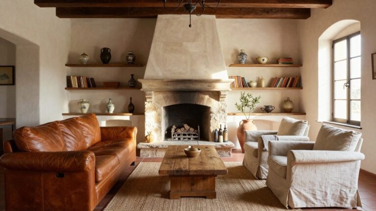 Sunlit rustic living room interior with wooden ceiling beams, large textured stone fireplace, brown leather armchairs, wooden coffee table, bookshelves, terracotta tile floor, and arched window.