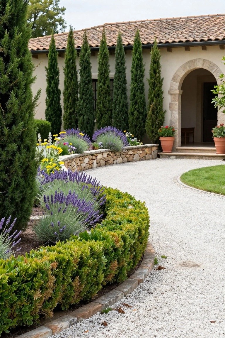 Beige stucco house with terracotta tile roof, arched stone entry, tall cypress trees, lavender beds, boxwood hedges bordering a curved white gravel path, and potted plants near the door.