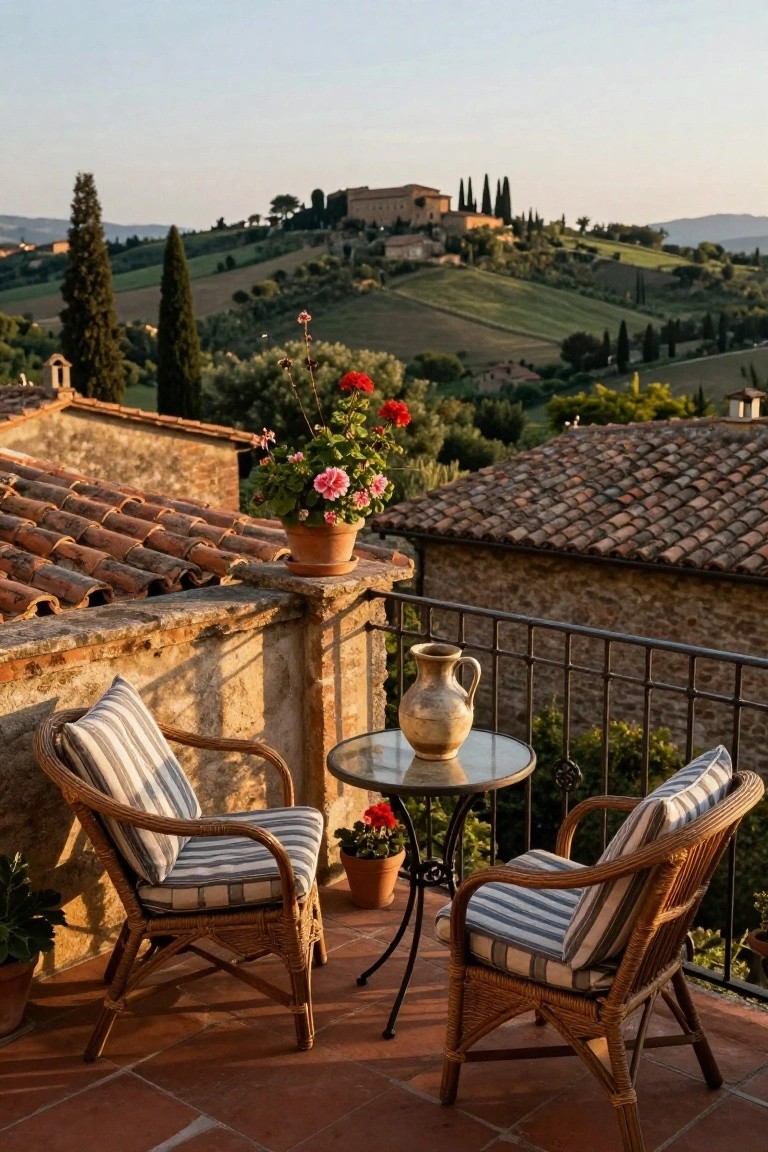 Balcony terrace with two wicker armchairs with striped cushions around a small glass-topped table, potted geraniums and plants nearby, terracotta floor tiles, stone walls, iron railing, and view of Tuscan rooftops, cypress trees, and rolling hills at sunset.