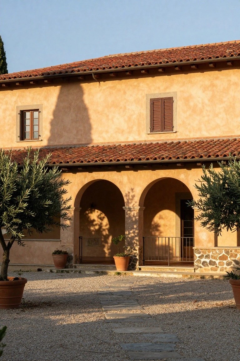 Ochre stucco house exterior with red terracotta tile roof, double arched portico entrance with iron gate, flanked by potted olive trees, gravel courtyard, and stone path.