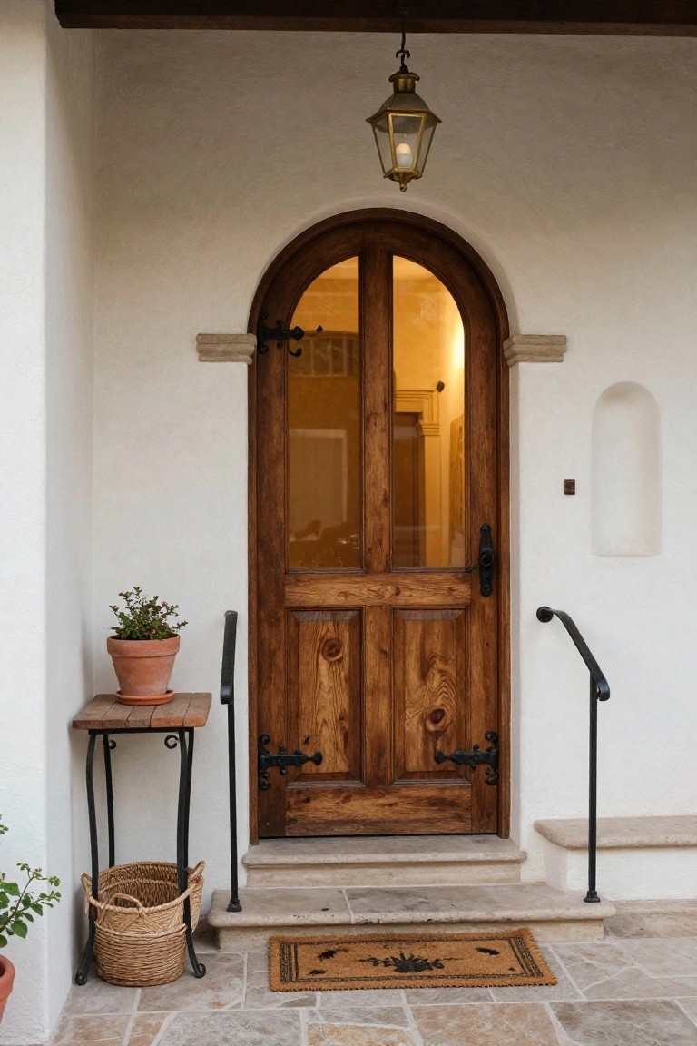 Arched wooden front door with glass panels and wrought iron hardware on a white stucco house exterior, lit by a brass lantern, with potted plants on a side table, a woven basket, and a welcome mat on stone steps.