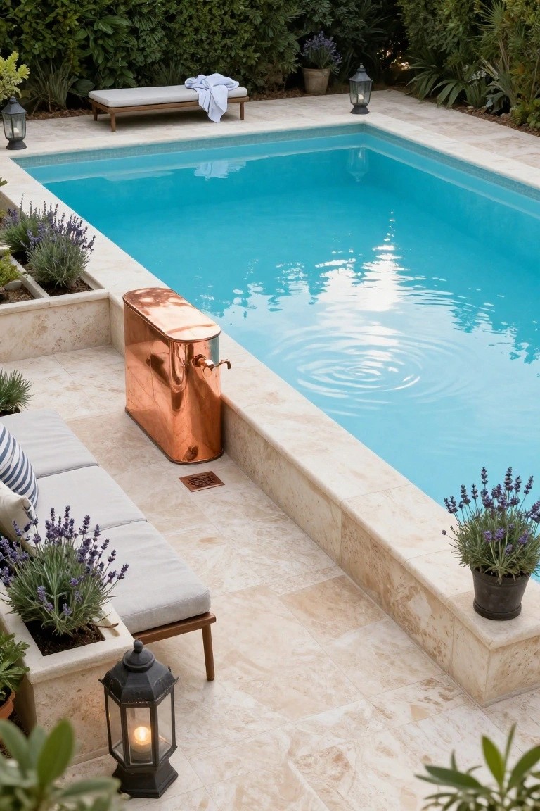 Rectangular turquoise pool edged in beige travertine tiles with a tall polished copper canister and faucet positioned adjacent to the water, surrounded by potted lavender plants, striped cushions on low seating, a wooden daybed with towel, and black metal lanterns.