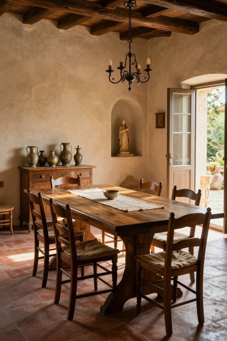 Rustic interior dining room with wooden beamed ceiling, large rectangular wooden table and chairs with rush seats, sideboard displaying pottery vases, niche with statue, terracotta tile floor, and open French doors to garden terrace.