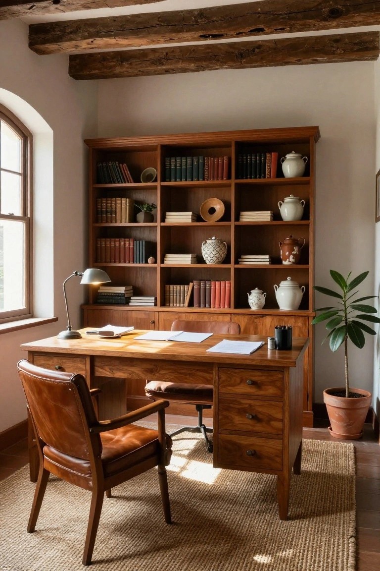 Wooden built-in bookshelves filled with books and ceramics surround a wooden desk with leather chair, desk lamp, papers, and potted plant in a light-filled room with arched window and beamed ceiling.