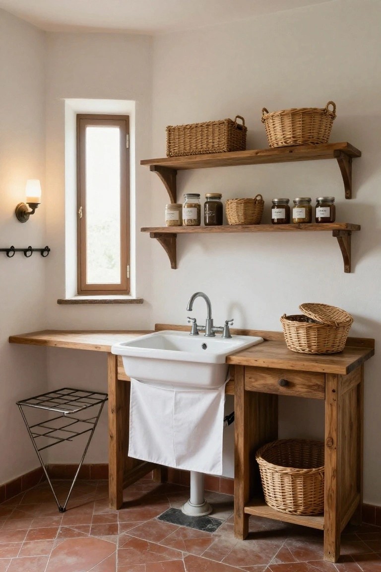 Corner interior with white farmhouse sink in wooden cabinet, open wooden shelves above holding glass jars and wicker baskets, wall lamp, drying rack, and terracotta tile floor.