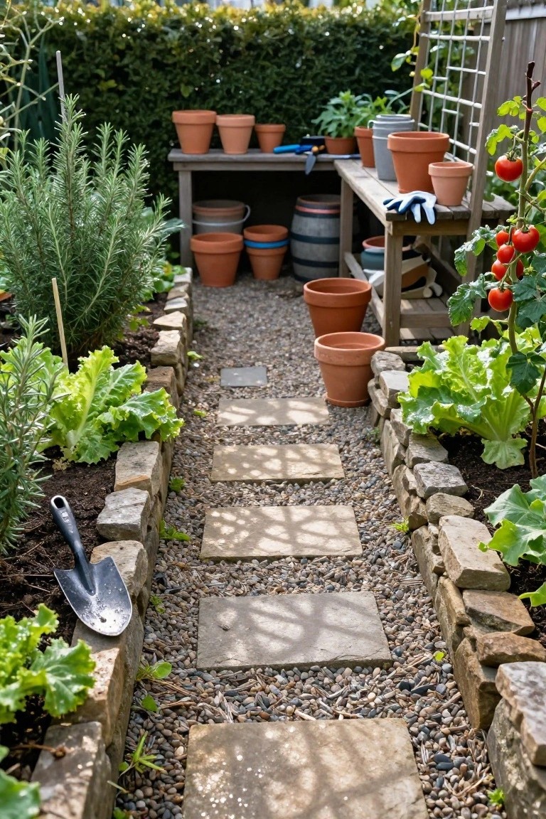 Narrow backyard garden path of stone slabs set in gravel, bordered by raised stone beds planted with lettuce, rosemary, and tomato vines on a trellis, with a wooden workbench holding terracotta pots and gardening tools.