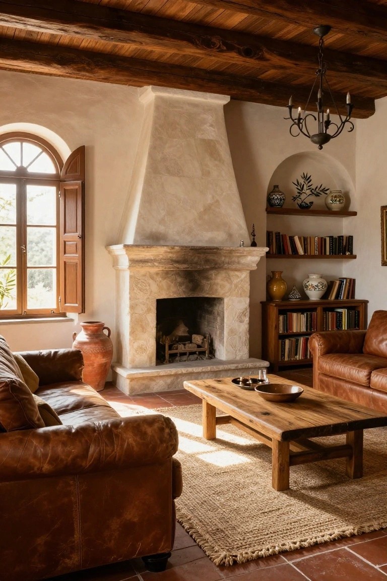 Sunlit rustic living room interior with wooden ceiling beams, large textured stone fireplace, brown leather armchairs, wooden coffee table, bookshelves, terracotta tile floor, and arched window.
