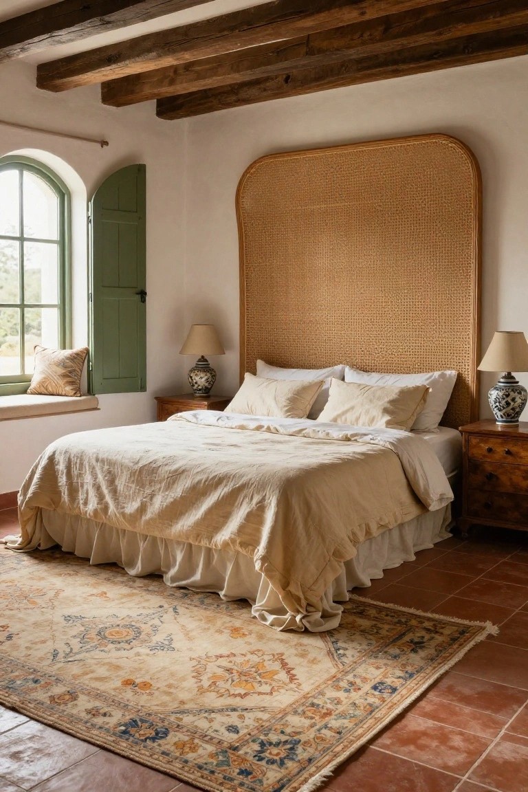 Bedroom interior with tall arched woven rattan headboard behind a bed dressed in beige linens, wooden nightstands holding blue-and-white ginger jars and lamps, arched window with green shutters and cushions on sill, exposed wooden beams on white ceiling, terracotta tile floor, and beige patterned rug.