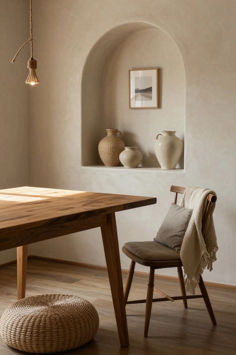 Beige plaster interior corner with arched wall niche holding three textured vases including a woven basket one, beside a wooden dining table, upholstered chair with knit throw and pillow, rattan pouf, and rope pendant light with exposed bulb.