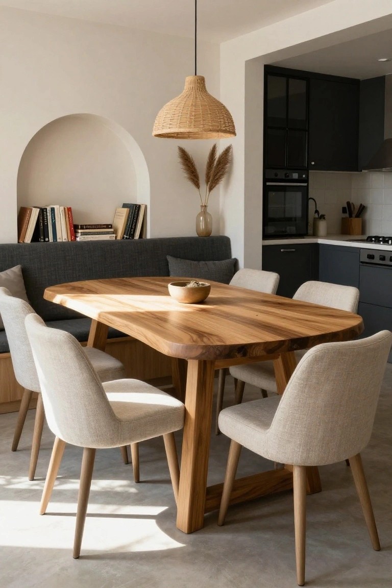 Dining area with oval live-edge wooden table, built-in gray bench with cream cushions and pillows on one side, four cream upholstered chairs on the other sides, arched wall niche with books and potted plants, and open kitchen with black cabinets.