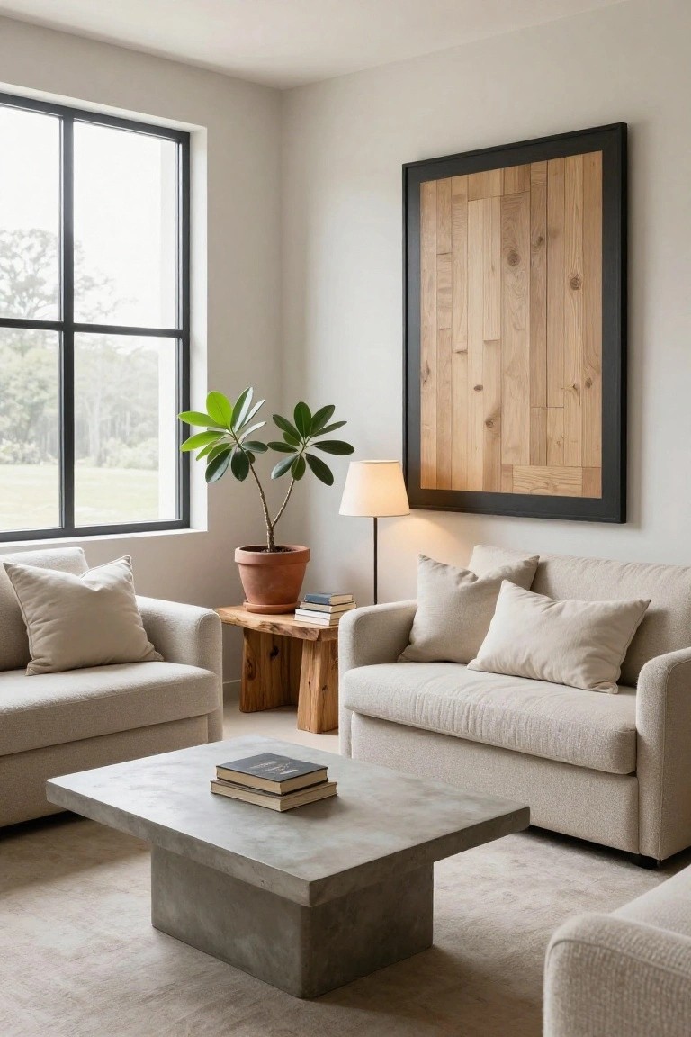 Living room with two light beige sofas facing each other around a low rectangular concrete coffee table topped with stacked books, adjacent wooden stool side table with potted plant and lamp, large window overlooking greenery, and tall framed wood panel wall art.