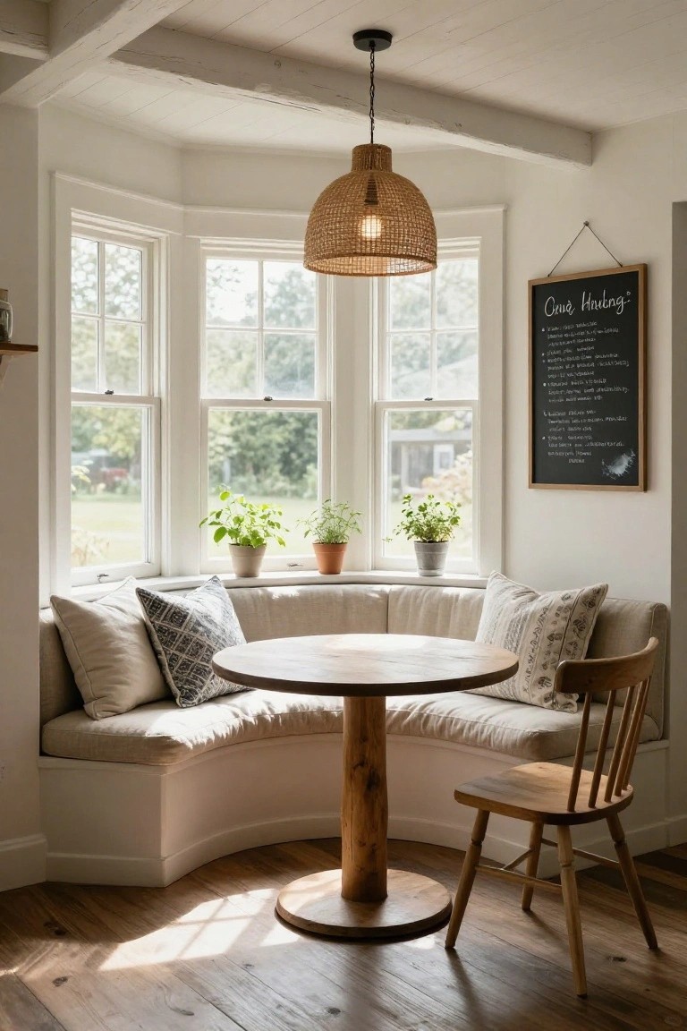 Curved beige banquette with white and patterned pillows wraps around a round wood pedestal table in a bay window of a white kitchen, with potted herbs on sills, a chalkboard on the wall, and rattan pendant light overhead.