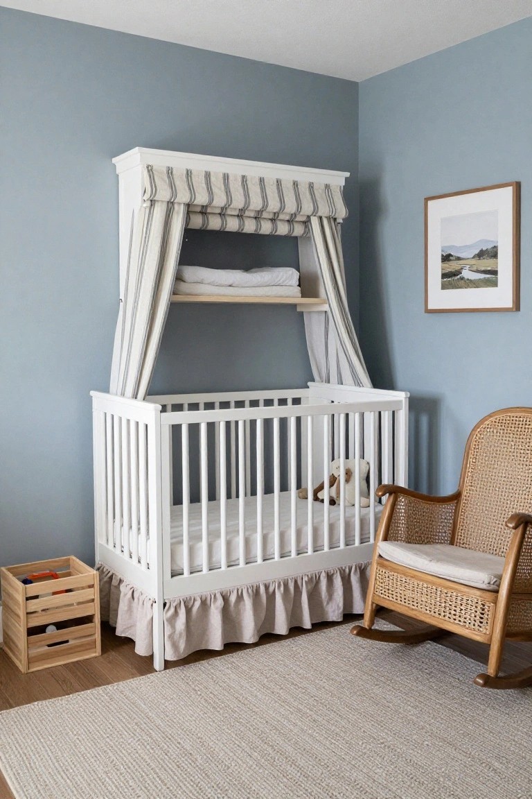 Nursery with white canopy crib, wooden rocker, and blue walls.