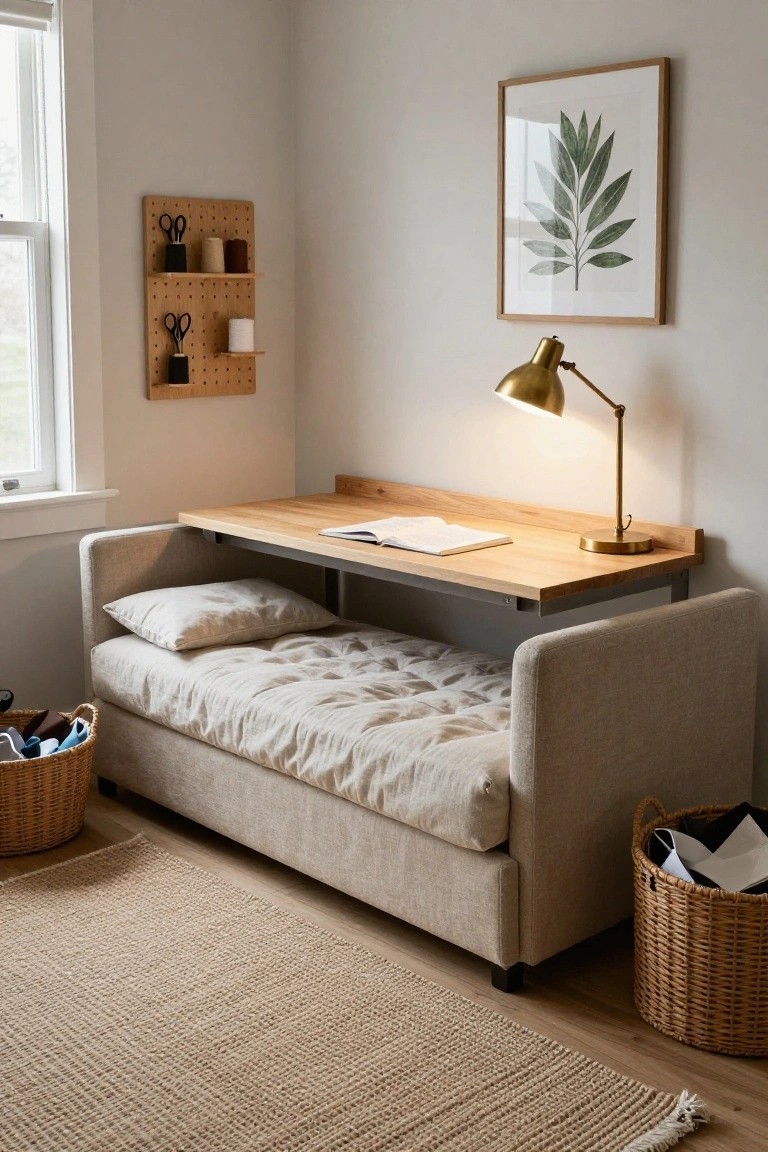 Beige upholstered daybed with attached oak desk, gold desk lamp, open notebook on desk, pegboard wall organizer, plant print artwork, and wicker baskets in a light gray room with hardwood floor.