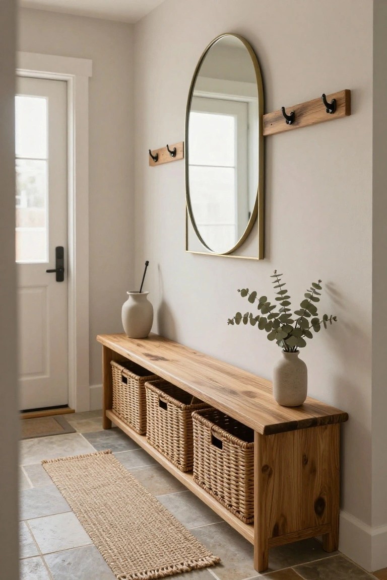 Light gray entryway with a light wood bench holding three woven baskets in cubbies, gold-framed oval mirror on wall above, wooden board with black coat hooks, two beige ceramic vases with eucalyptus stems, glass-paneled white front door, and beige runner rug on gray tile floor.