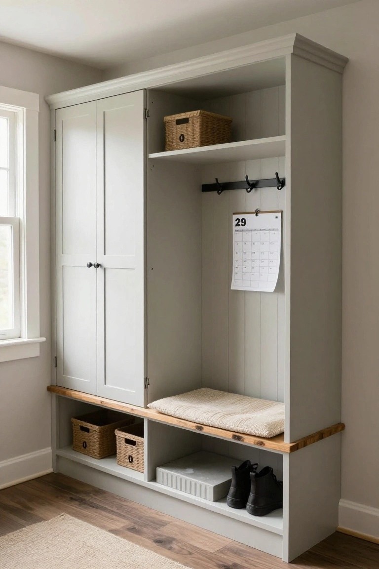Tall light gray painted built-in cabinet in a beige room with double panel doors, wicker baskets on upper shelves, black coat hooks and clip calendar on paneled wall, cushioned bench seat, lower open storage with shoes and baskets, next to a window on hardwood floor.