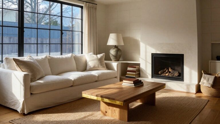 A light-filled living room corner featuring a white L-shaped slipcovered sofa, low rectangular wooden coffee table with gold stripe and live edge, seagrass rug, wood side tables, terracotta vase, stacked books, white lamp, fireplace, and large black-framed windows with white curtains.