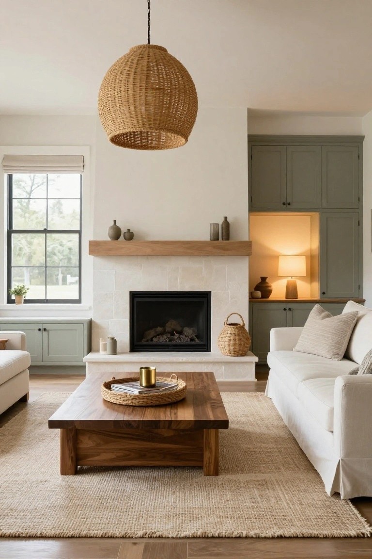 Living room with white sofa, dark wood coffee table on beige seagrass rug, fireplace with oak mantel and creamy tile surround flanked by sage green cabinets, woven pendant light overhead, and potted plants on windowsill.