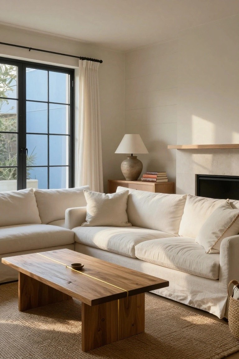 A light-filled living room corner featuring a white L-shaped slipcovered sofa, low rectangular wooden coffee table with gold stripe and live edge, seagrass rug, wood side tables, terracotta vase, stacked books, white lamp, fireplace, and large black-framed windows with white curtains.