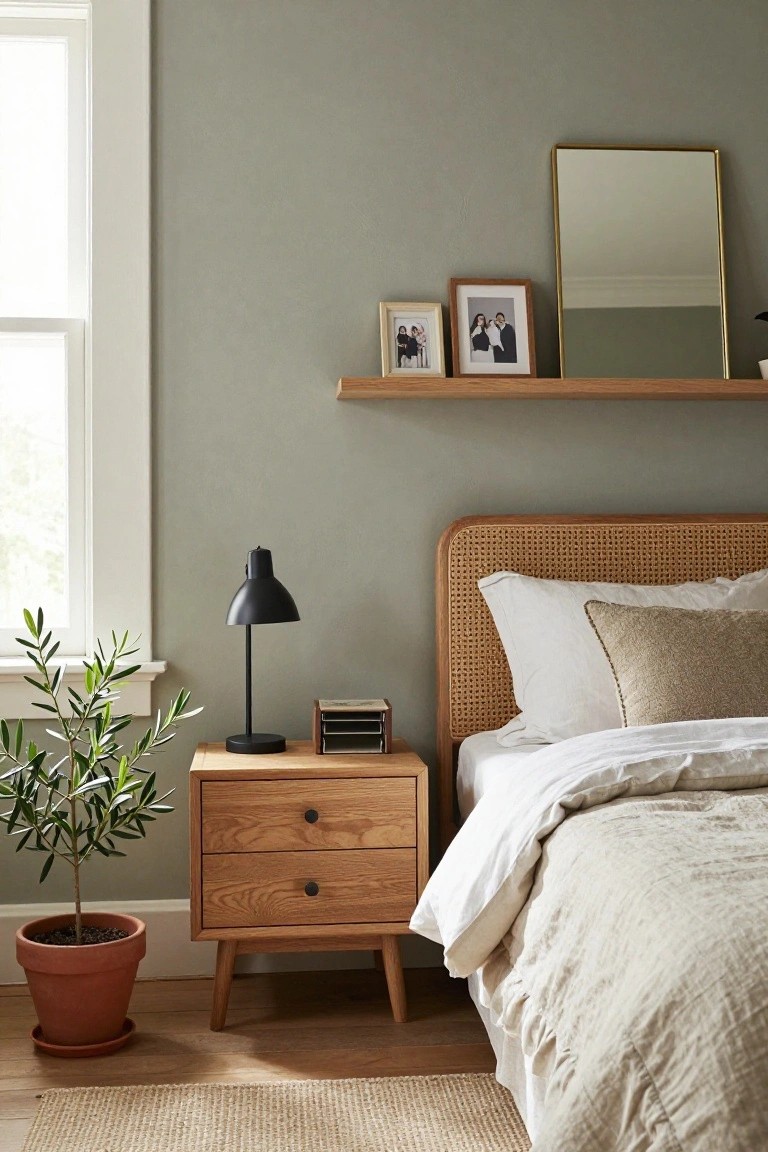 Bedroom interior with rattan headboard bed, oak nightstand holding black lamp and olive tree in terracotta pot, wooden shelf above with framed photos and mirror, greige walls, white linens, and window.