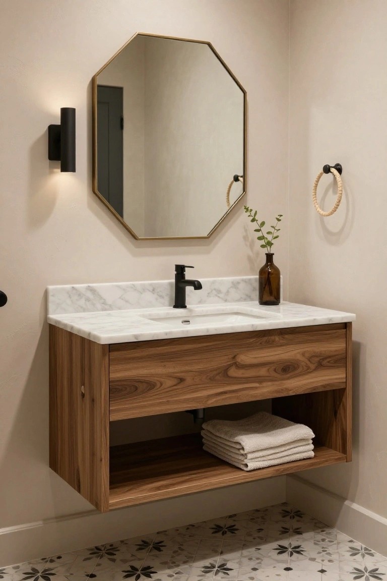 Floating wooden bathroom vanity with white marble countertop and integrated sink, matte black faucet, gold-framed octagonal mirror above, open shelf holding stacked white towels, black wall sconce, and seagrass towel ring on a light beige wall with patterned tile floor.