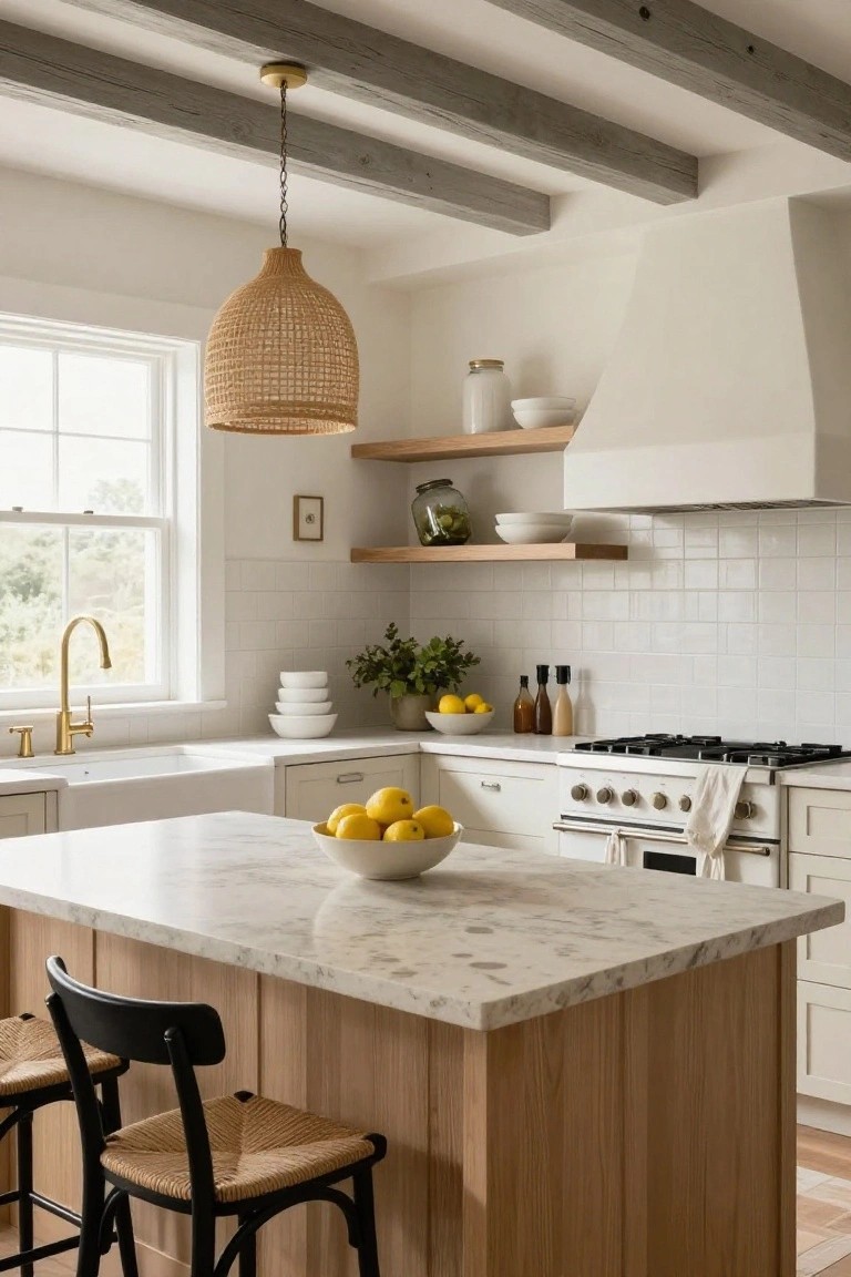 Bright kitchen with white shaker cabinets, light wood-paneled island topped in white marble, two black rattan bar stools, woven rattan pendant light, white subway tile backsplash, gold faucet, and exposed wood ceiling beams.
