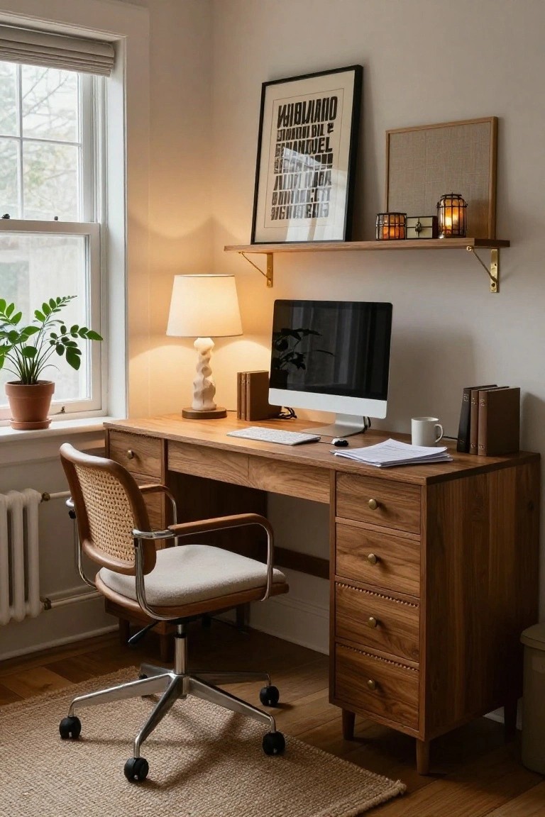 Home office corner with wooden desk holding iMac monitor, keyboard, papers, mug, and books, cane chair, table lamp, potted plant by window with blinds, wall shelves with candles and artwork, and radiator.