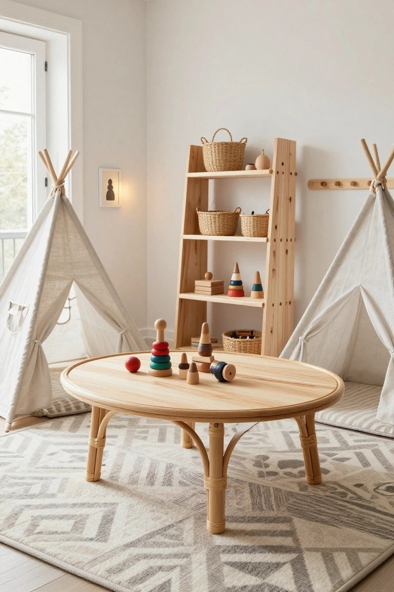 Indoor playroom with two white canvas teepees, wooden ladder shelf holding woven baskets and wooden toys, central round wooden table topped with colorful stacking rings and figures, on a gray and white geometric rug.