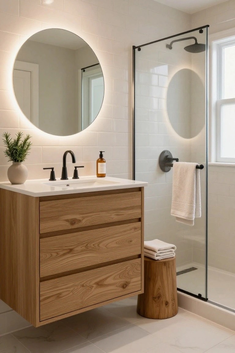 Modern bathroom featuring a floating wooden vanity with three drawers, white subway tile walls, black faucet, round backlit mirror, glass shower enclosure, and wood stool.