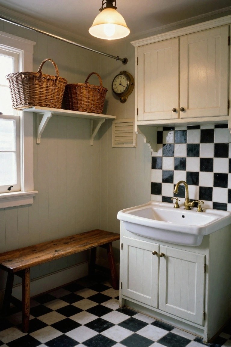 Laundry room interior featuring black and white checkered tile floor, white farmhouse sink with brass faucet, wooden bench, wicker baskets on shelves above, and wall clock near white cabinets.