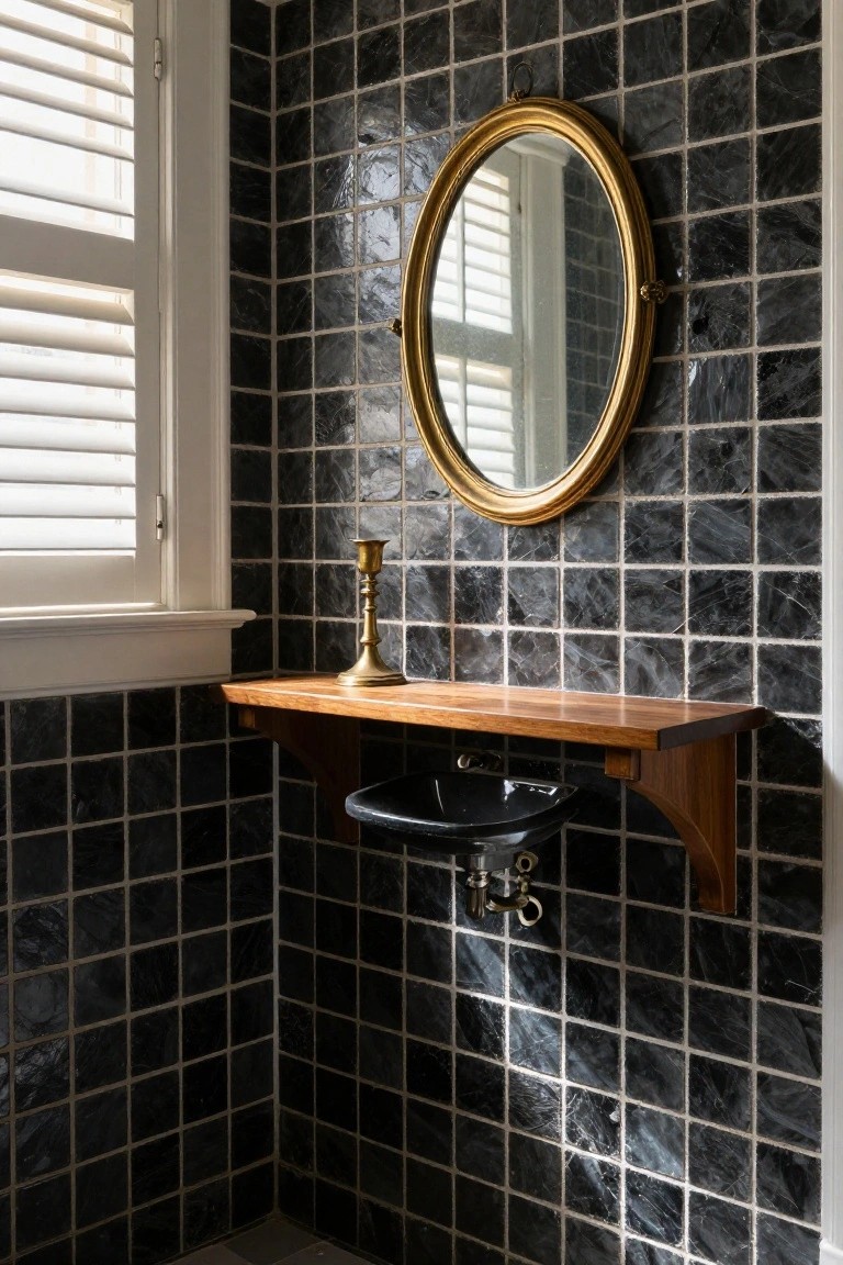 Corner bathroom with black glossy square tiles on walls and floor, wooden wall-mounted shelf holding brass candlestick next to black sink, gold-framed oval mirror above shelf, white shutters on adjacent window.