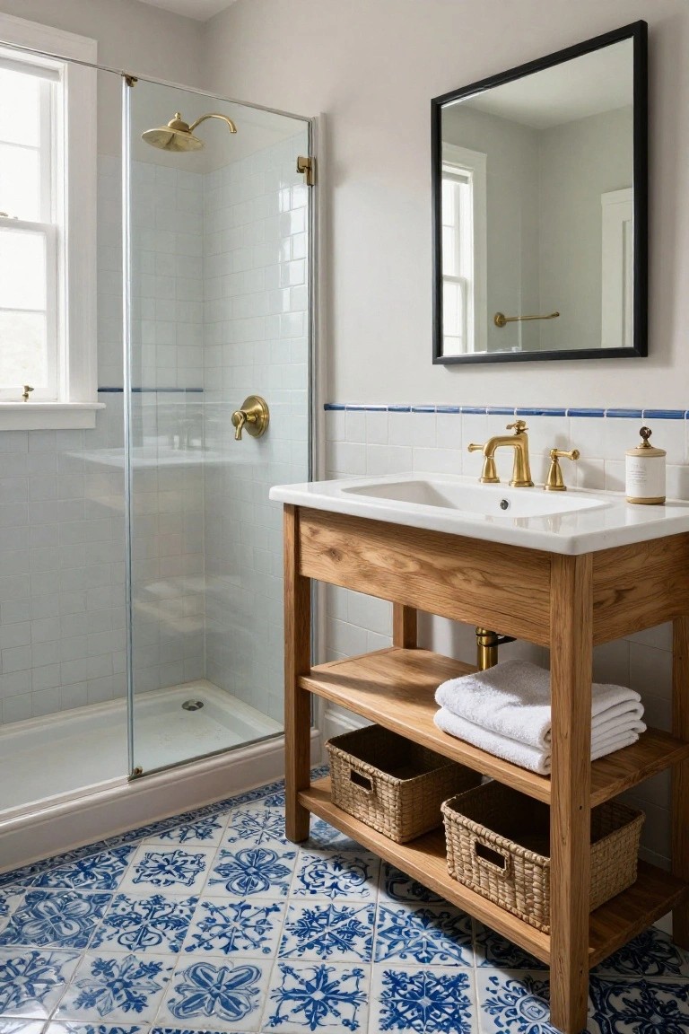 Small bathroom with glass shower enclosure featuring light blue subway tile walls and gold fixtures, wooden vanity topped with white sink and gold faucets, black-framed mirror above, and blue and white patterned tile floor.