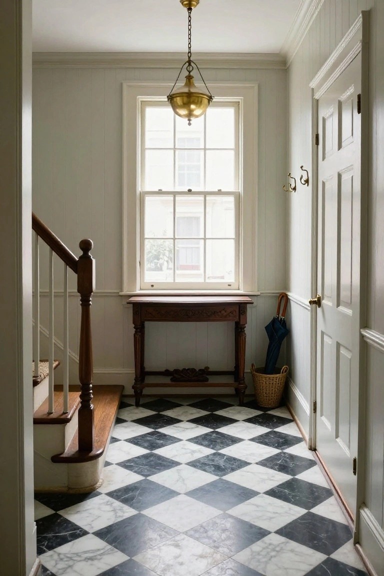 Interior hallway in a colonial-style home featuring black and white checkered marble tile floor, wooden console table with basket underneath, umbrella stand, stairs with wood railing, brass pendant light, and double doors.