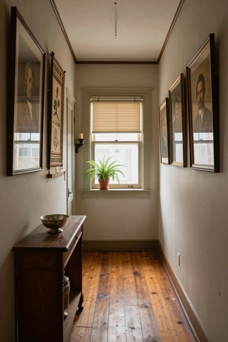 Narrow interior hallway with wide plank knotted hardwood floors, pale walls, framed portraits, wooden side table holding a metal bowl and jar, and a window with potted fern.