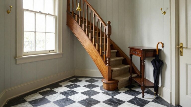 Interior hallway in a colonial-style home featuring black and white checkered marble tile floor, wooden console table with basket underneath, umbrella stand, stairs with wood railing, brass pendant light, and double doors.