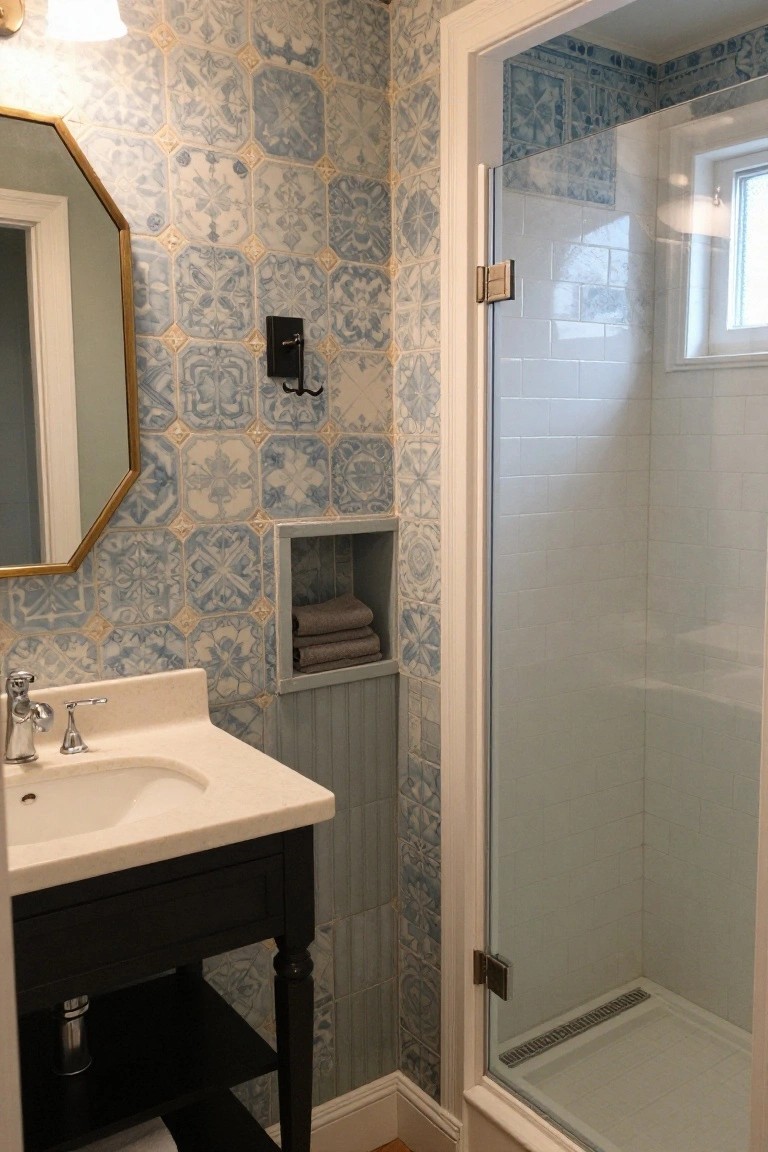 Bathroom interior with blue and cream patterned tile walls, gold oval mirror, white sink on black wood vanity with turned legs, open shelf niche with towels, glass shower enclosure with white subway tile and linear drain, and light wide-plank hardwood flooring.