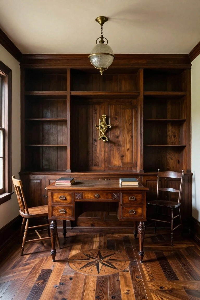 Wooden study room with built-in bookshelves, antique desk and chairs, brass wall fixture, and dark wide-plank hardwood flooring featuring a central compass rose inlay.
