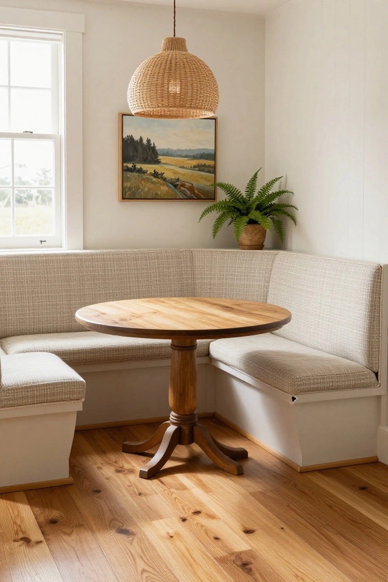 Corner booth seating with beige upholstered cushions around a round wooden pedestal table on wide-plank light pine floors, in a white-walled room with a window, landscape painting, potted fern, and woven pendant light.