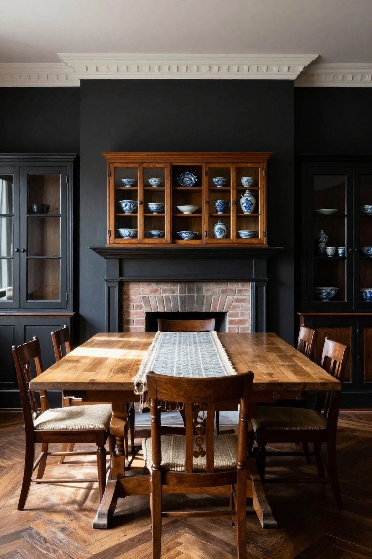 Colonial dining room with dark walls, wooden cabinets displaying blue and white china, brick fireplace, oak table with runner, wooden chairs, and herringbone parquet hardwood flooring.