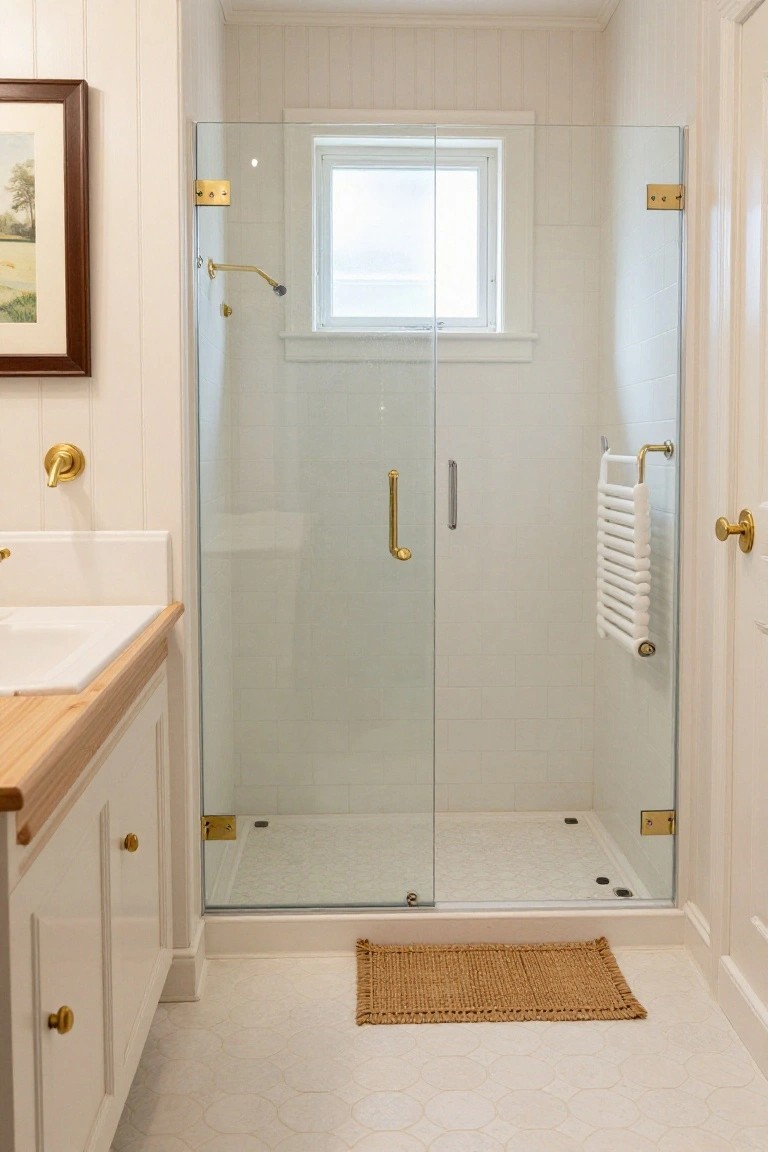 White shiplap-walled bathroom with hexagonal tile floor, glass shower enclosure, wooden vanity, gold fixtures, and seagrass rug.