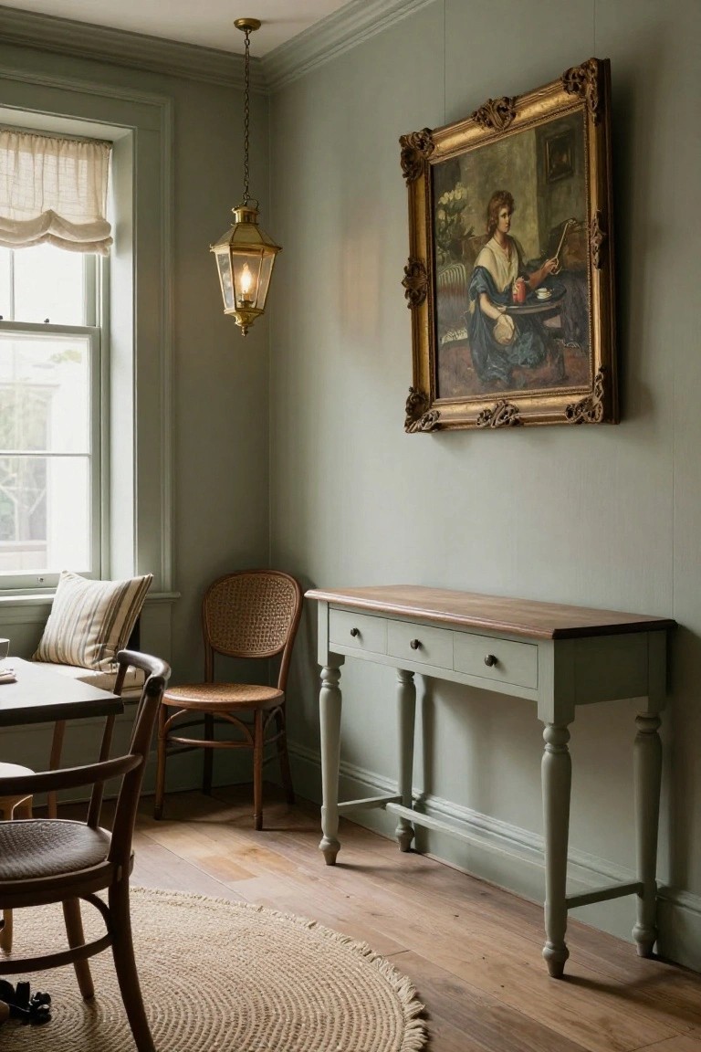 Corner of an interior room with pale hardwood flooring partially covered by a round seagrass rug, sage green walls, wooden console table and chairs, brass lantern pendant light, and ornate framed painting.