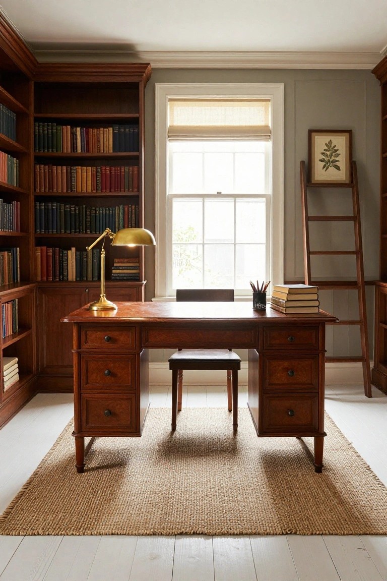 Wood-paneled study room with floor-to-ceiling bookshelves filled with books, wooden desk and chair, brass banker's lamp, wooden ladder, window with linen shade, stack of books and pencils on desk, light hardwood flooring, and beige seagrass rug.