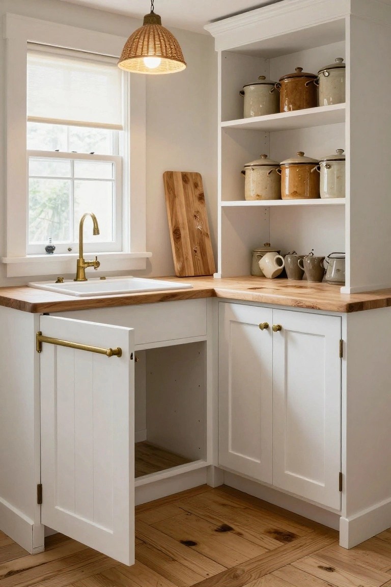Corner kitchen featuring white shaker cabinets with brass hardware, open shelves holding ceramic jars and teapots, a farmhouse sink with brass faucet on maple butcher block counters, wooden cutting board, and wide-plank light hardwood flooring with visible knots.
