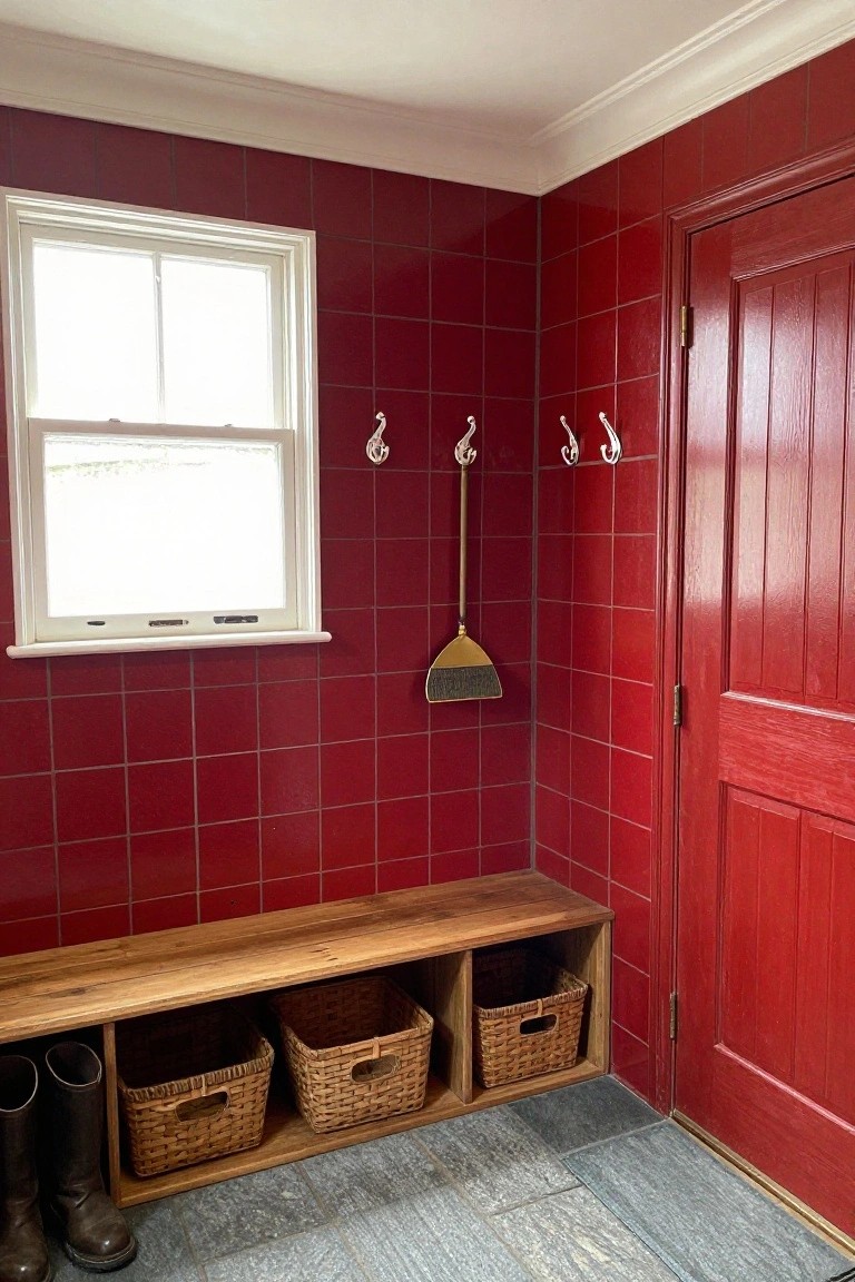 Corner mudroom with red glossy tiled walls, white-framed window, wooden bench with built-in cubbies holding wicker baskets and tall boots, wall hooks and broom, red paneled door, and dark slate floor tiles.