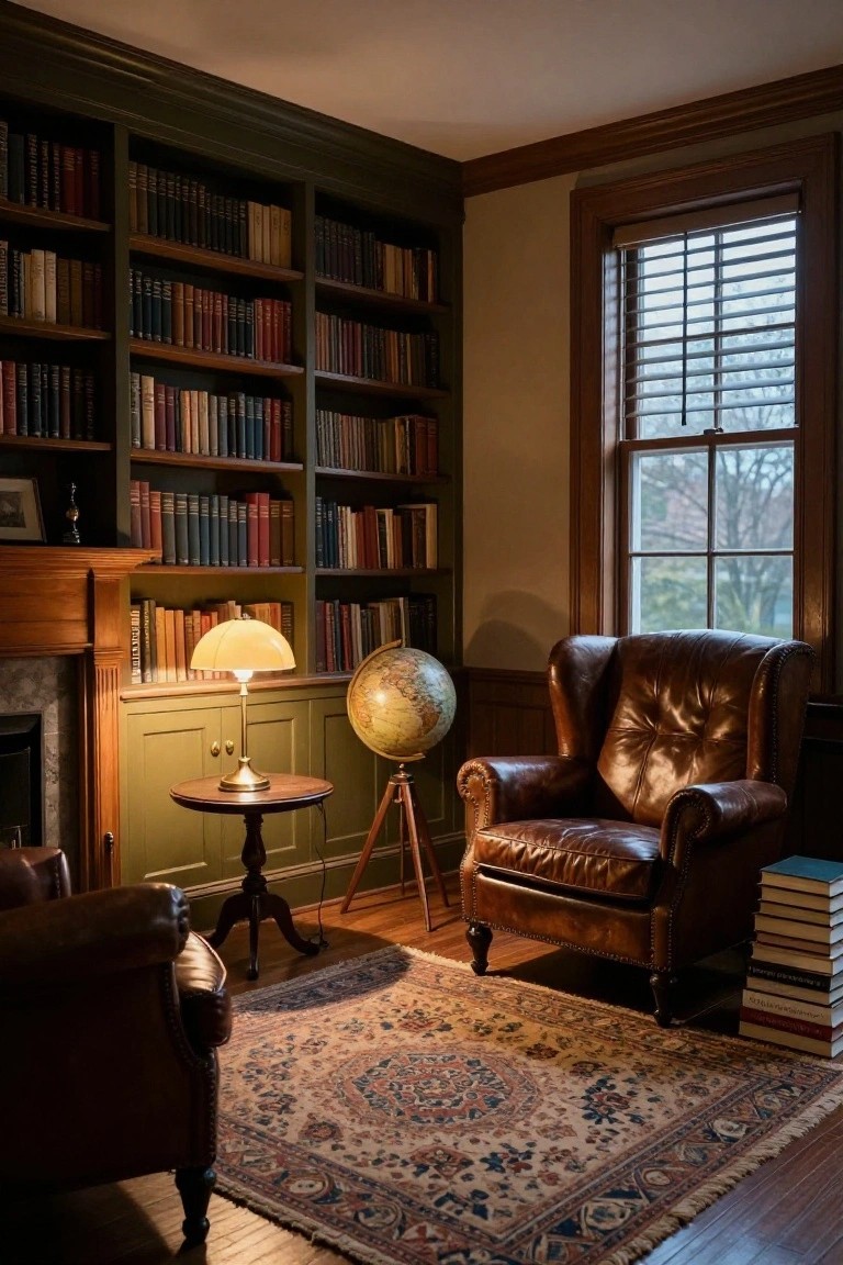Cozy library with leather armchairs, globe, bookshelves, and Persian rug.