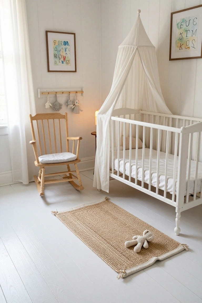 A white wooden crib with sheer canopy and beige bedding in a nursery room, wooden rocking chair nearby, beige seagrass rug with stuffed toy, wall hooks holding plush toys, framed abstract artwork on white paneled walls, and light whitewashed wood plank flooring.