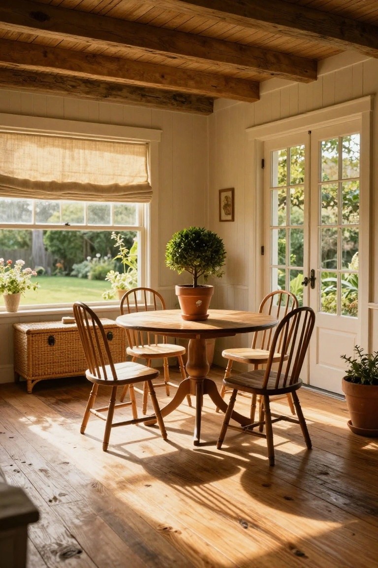 Sunlit interior dining room with round wooden table and four chairs on wide-plank hardwood floors, white paneled walls, exposed wooden beams, potted plants, and large windows with garden view.