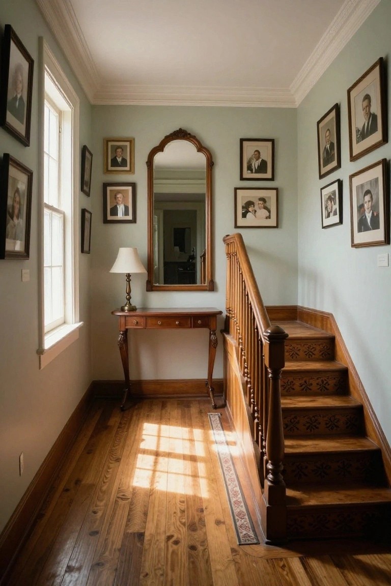 Colonial interior hallway with pale green walls lined in framed portraits, ornate wood console table and lamp, arched mirror, carved wooden staircase with runner rug, and wide-plank knotty hardwood floors.